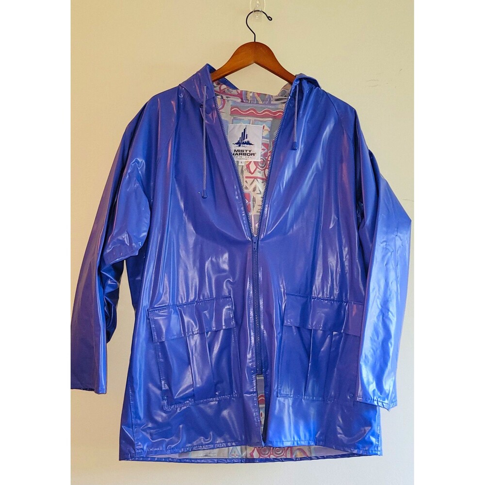 Vintage Misty Harbor Women’s Blue Hooded Lined Zip Rain Coat w/ Pockets L